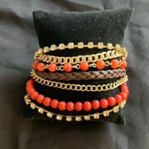 Vintage multi chain bracelet made of beads rhinestones alloy and leather